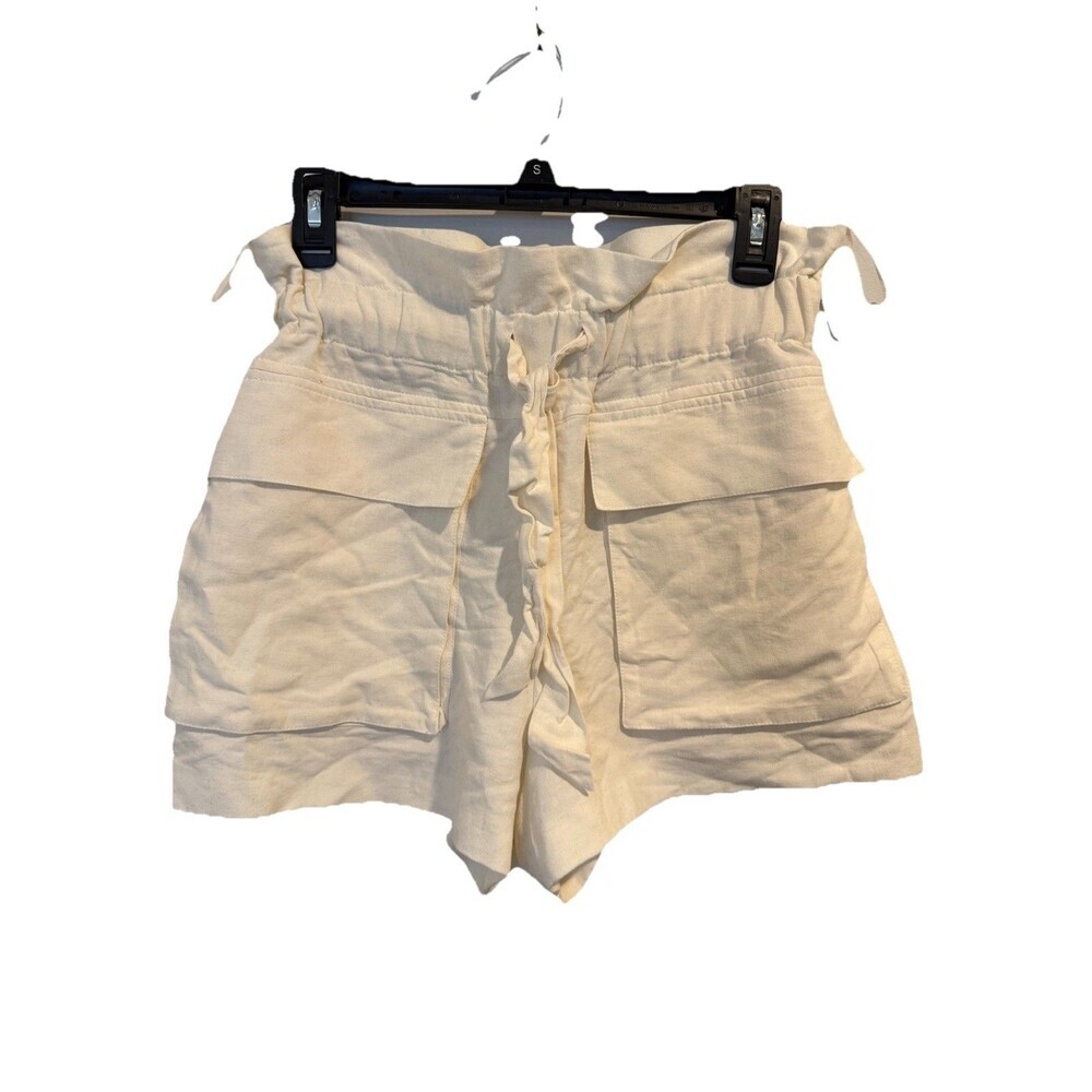 ZARA Size XS Womens Linen Blend Elastic Waist Ruffle‎ Shorts In Ivory Cream NWT